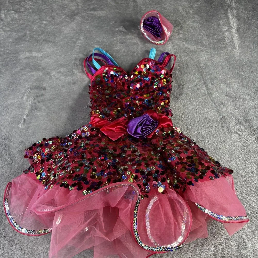 Weissman Dance Costume Girls XS Pink Sequin Tutu Dress Rainbow Straps Headpiece‎